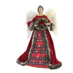 Pretty Dark-Haired Angel Tree Topper Wearing A Red Velvet Dress With Brown Fur Trim Around The Cuffs And Opening Edges. The Dress Has A Red Plaid Insert Which Has Random Lights That Shine. She Holds A Green Holly Wreath With Red Berries In Her Hands.. 18 In H X 9 In W X 7 In D. Purchase includes One Tree Topper. Led Tree Topper, Red Plaid Dress, Holly Wreath, Led Tree, Angel Tree Topper, Red Velvet Dress, Angel Tree, Holiday Christmas Tree, Brown Fur