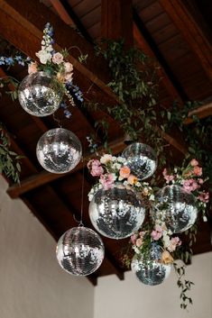 Floral Disco Ball Installation Floral Disco Ball, Disco Ball Chandelier, Disco Ball Installation, Painted Taper Candles, Disco Prom, Flowers Color Palette, Ball Installation, Country Club Wedding Reception, Club Wedding Reception