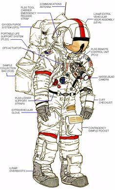 an astronaut's diagram shows the parts of his space suit, including helmet and gloves