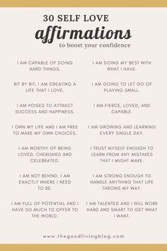 the 30 self love affirmations are shown in white and gold with black lettering