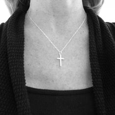 "A hammered modern sterling silver cross necklace....simple and minimalist. - Sterling silver cross, just over 3/4\" (2.1 cm) in height (including the tiny top ring, not large ring), just under 1/2\" (12 mm) across. - Necklace length 17\" (43.1 cm), 1.5 mm cable chain, lobster clasp, and locking circle jump rings, all sterling silver. - Cross is a hint larger than 12 gauge (2 mm), so thick and sturdy but not heavy. - Hammered on both sides by me and then tumbled for the ultimate silver shine. Lo Everyday Minimalist Cross Pendant Necklace, Minimalist Daily Wear Cross Pendant Necklace, Minimalist Everyday Cross Necklace, Simple Everyday Cross Pendant Necklace, Simple Everyday Cross Necklace, Simple Sterling Silver Cross Pendant Necklace, Minimalist Sterling Silver Cross Necklace, Everyday Sterling Silver Crucifix Necklace, Simple Everyday Cross Jewelry