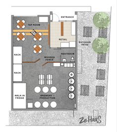 the floor plan for a restaurant with tables and chairs, seating areas, and an outdoor kitchen