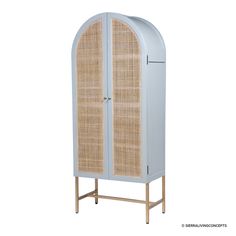 a tall blue cabinet with wicker doors