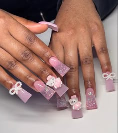 Acrylic Nails With Bear Charm, Valentines Day Nails Duckies, Early 2000s Duck Nails, Pink Nails With Bear Charm, Duck Nails Mcbling, Butterfly Nail Designs, Simple Acrylic Nails