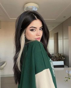 Brown Hair With A Streak Of Color, Black Hair Color Inspiration, Dark Brown And Colorful Hair, How To Look European, Chunk Of Blonde Hair, Black Hair With Underlights, Dark Hair Pop Of Color Ideas, Black Hair With Blonde Pieces Underneath, Black Hair On Fair Skin