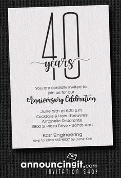 an anniversary party card with the number forty years printed on it's front and back