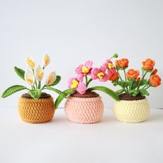 three crocheted pots with flowers in them on a white surface, one is pink and the other is yellow