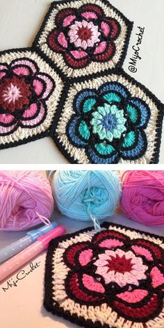 crocheted granny grannys are arranged on the table with yarn and crochet needles