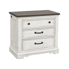 a white nightstand with two drawers and a brown top on the bottom one drawer is open