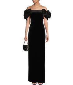 From B. Darlin, this dress features: Taffeta fabricationOff-the-shoulder necklineShort puff sleevesBow trim detailingSide slitZip back closurePolyester/spandexLining of nylon Hand wash Imported. Black Tie Optional Dress, Winter Wedding Guest Dress, Black Dress Formal, Formal Dresses Gowns, Gowns Prom