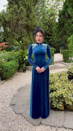 Blue velvet modern party ao dai – LAHAVA Traditional Long Sleeve Ao Dai For Banquet, Traditional Full-length Evening Dress, Traditional Full Length Evening Dresses, Fitted Long Sleeve Ao Dai For Banquet, Fitted Long Sleeve Ao Dai For Banquets, Fitted Long Ao Dai For Banquet, Traditional Ao Dai For Banquet, Traditional Ao Dai For Festive Banquet, Elegant Embroidered Ao Dai For Evening