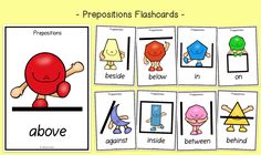 four different flashcards with the words prepositions flashcards above them and below