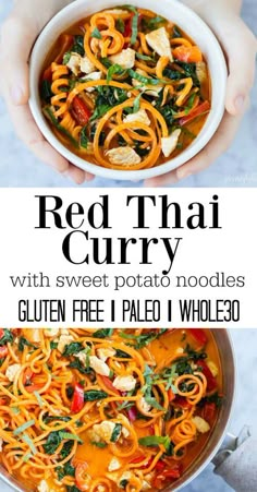 red thai curry with sweet potato noodles in a white bowl