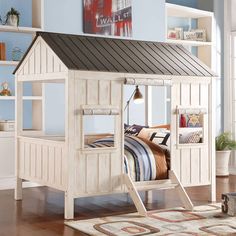 a white bunk bed with a black roof