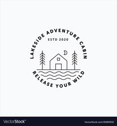 the lakeside adventure cabin logo is shown in black and white, on a white background