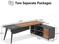 an image of a desk with two separate packages on it and the measurements for each drawer