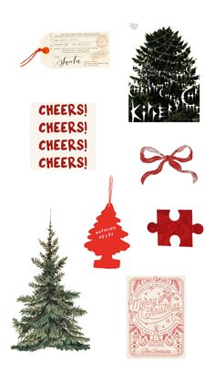 the christmas tree is surrounded by other holiday cards and paper cutout pieces that say cheers, cheer, cheeses, cheesy cheeks, and merry