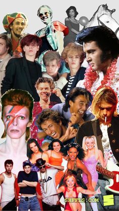 the collage shows many different people and their faces, including one man with an electric guitar