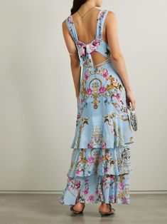 Chic Tiered Silk Maxi Dress, Chic Silk Tiered Maxi Dress, Chic Tiered Maxi Dress With Floral Print, Designer Silk Floral Print Dress, Luxury Floral Print Summer Dress, Designer Maxi Dress For Spring, Designer Silk Dress With Floral Print, Summer Tiered Silk Maxi Dress, Summer Silk Tiered Maxi Dress