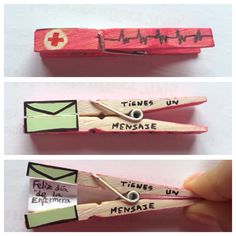 three different types of clothes pins with words written on them and an envelope in the middle