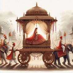 a painting of people riding on the back of an elephant carriage