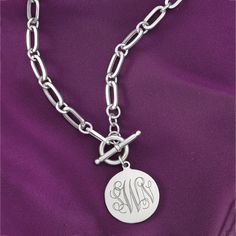 Ross-Simons - Single-Initial - Italian Silver Personalized Paper Clip Link Disc Toggle Necklace. 18". Modern and made for you, there's so much to love about this necklace. Polished sterling silver paper clip links behold a round disc that can be engraved for FREE with a single initial in block or script font. Claim your own or give it as a personalized gift to a loved one. Toggle clasp, sterling silver personalized paper clip link necklace. Metal Link Toggle Necklace As Gift, Classic Toggle Necklace With Adjustable Chain As Gift, Personalized Silver Jewelry With Oval Link, Classic Personalized Link Jewelry, Classic Link Toggle Necklace As Gift, Gift Chain Necklace With Toggle Clasp, Sterling Silver Toggle Necklace Gift, Sterling Silver Necklace With Toggle Clasp As Gift, Personalized Silver Round Chain Necklace