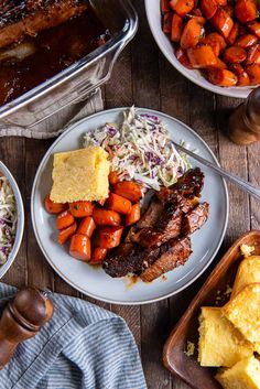 the meal on the table is prepared and ready to be eaten, including carrots