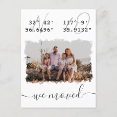 a family photo with the words we moved on it is displayed in front of a white card