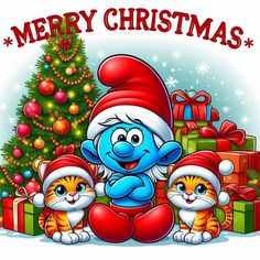 the smurfs are sitting in front of a christmas tree with presents on it