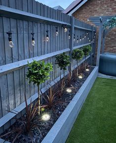 an outdoor garden with plants and lights on the side of the fence, along with artificial grass