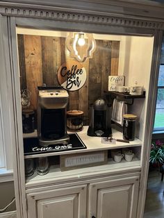 a display case with coffee items on it