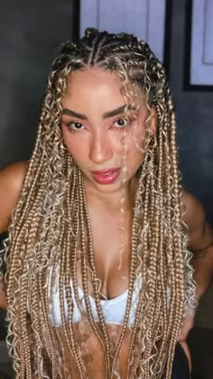 How To Do Fulani Braids With Curls, Braid Down Center Of Head, Loose Braids With Curls, Bohomeian Knotless Box Braids With Color, Messy Boho Braids Black Women, Boho Mermaid Box Braids, Box Braids With Leave Out Curls, Pocahontas Braids Black Hairstyles, Blond Cornrows Braids