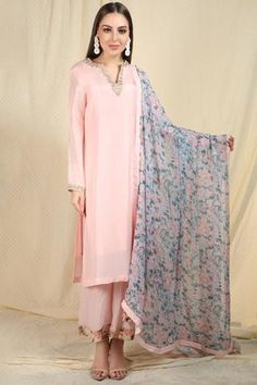 Shop for Nikasha Pink Crepe Silk Embellished Kurta Pant Set for Women Online at Aza Fashions Silk Kurta Design, Kurta Pant Set, Kurta Design, Embellished Neckline, Printed Dupatta, Silk Kurta, Dress Indian, Luxury Sale, Pink Tassel