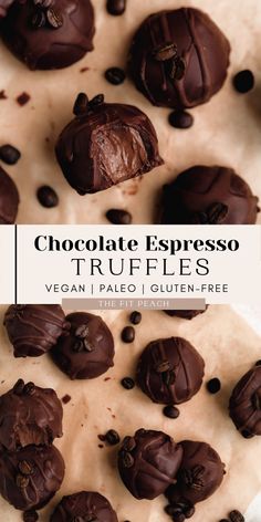 chocolate espresso truffles on parchment paper with text overlay that reads, chocolate espresso truffles vegan pale i pale gluten - free