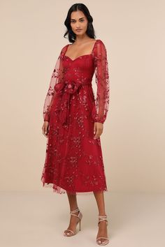 You'll twirl your way into everyone's heart in the Lulus Darling Charisma Wine Red Mesh Embroidered Midi Dress! Elegant floral embroidered mesh shapes a sweetheart neckline (with hidden no-slip strips) and sheer, long balloon sleeves (with elasticized shoulders and cuffs) that can be styled on or off the shoulders. A tying sash belt punctuates the high waist that sits atop a flowy skater skirt that ends at a chic midi hem. Hidden back zipper/clasp. Fit: This garment fits true to size. Length: Mid-calf length. Size medium measures 47.5" from shoulder to hem. Bust: Great for any cup size. Waist: Fitted - very fitted at natural waist. Hip: Not Fitted - fuller skirt allows room for hips. Undergarments: May be worn with a strapless bra, adhesive bra, petals, or no bra. Fabric: Fabric has no str Red Prom Dress With Floral Embroidery, Red Floral Embroidered Prom Dress, Red Floral Embroidered Dress For Fall, Knot Tie Dress, Elegant Red Dress, Balloon Sleeve Dress, Embroidered Midi Dress, Evening Dresses Cocktail, Winter Party Dress