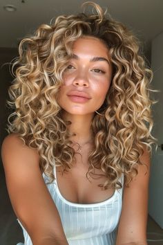 Natural Curly Hair Blonde Highlights, Curly Blond Highlight, Curls With Blonde Highlights, Hair Colour Curly Hair, Blond Highlights Curly Hair, Curly Hair Highlights Blonde, Blonde Curly Highlights, Natural Curly Hair Blonde, Curly Hair Blonde Balayage