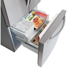 an open refrigerator with ice and water in it's door, revealing its contents