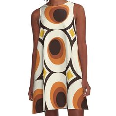 Loose-fit, mid-length sleeveless dress with silky handfeel. Printed on both sides. Machine washable. Size range XS-2XL. Crescent moons rising. These Mid-Century Modern circles incorporate a crescent pattern. The rust, orange, cream and a orange highlight the geometric design bringing elements across eras of the 50s and 60s. Retro A-line Sleeveless Dress, Vintage White A-line Sleeveless Dress, White Retro Sleeveless Dress, Retro Beige A-line Dress, Sleeveless Retro Mini Dress With Retro Print, Brown A-line Sleeveless Dress, Retro Orange A-line Dresses, Retro Sleeveless Brown Dress, Retro Brown Sleeveless Dress