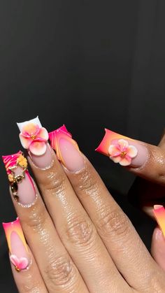 Tropical Nails Short, Pink Tropical Nails, Cruise Nail Ideas, Nails Short Natural, Flower Nails Pink, Nail Ideas Long, Tropical Flower Nails, Cruise Nails, Tropical Nails