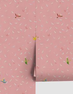 pink wallpaper with birds and stars on it