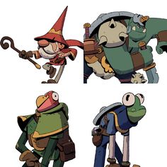 three cartoon characters with different outfits and hats