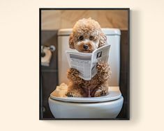 a dog sitting on top of a toilet reading a newspaper while holding it's paws up