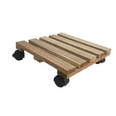 a wooden pallet sitting on top of black wheels