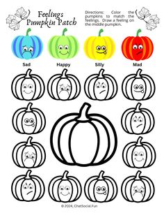 pumpkins with different faces are shown in this coloring page