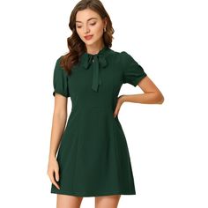 This dress is a versatile and stylish piece that is perfect for your next workday. This dress features a beautiful bow tie-neck and puff sleeve design that exudes both elegance and confidence. The hidden side zipper and unlined texture provide a comfortable and easy-to-wear feel. The regular fit of the dress allows for a simple and vintage look that can be paired with high heels for an added touch of sophistication. Look and feel good with this dress that is sure to impress in any office setting Elegant Work Dress, Bow Tie Dress, Work Dresses For Women, Keyhole Neck, Elegant Dresses For Women, Work Dress, Womens Tie, Womens Clothing Sizes, Tie Neck