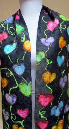 Silk Scarf, HEARTS, Handpainted Accessory, Unique Gift under 50- Artisan handmade -one of a kind -NY Hudson Valley Multicolor Hand Painted Art For Collection, Artistic Handmade Crafts As Gifts, Handmade Black Crafts For Crafting, Handmade Artistic Crafts For Gifts, Artistic Handmade Crafts For Gifts, Whimsical Multicolor Crafts For Gifts, Handmade Artsy Art Gift, Handmade Artistic Art As A Gift, Handmade Artsy Art For Gift