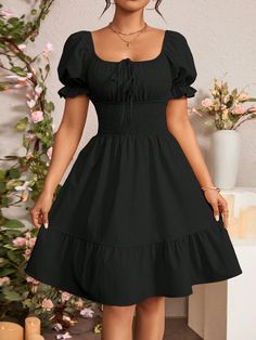 Summer Simple Puff Sleeve Tie Front Ruffle Hem Dress Black Casual  Short Sleeve Woven Fabric Plain A Line Non-Stretch  Women Clothing, size features are:Bust: ,Length: ,Sleeve Length: School Dance Dresses With Sleeves, Black Dresses For Graduation, Simple Black Dress Casual, Black Dress With Puffy Sleeves, Money Monkey, Simple Sundress, Hoco Dance, Dark Academia Dresses, Black Dress Simple