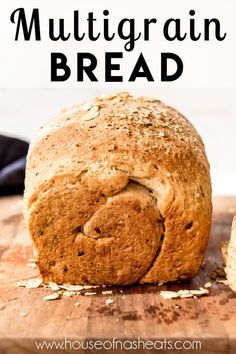 a loaf of bread sitting on top of a wooden cutting board with text overlay