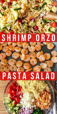 shrimp orzo pasta salad with tomatoes, zucchini and cucumbers in it