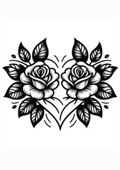 two black roses with leaves on the petals are drawn by hand in an old - fashioned style